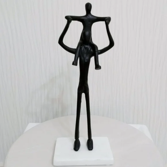 Handcrafted Father and Child on Shoulders Metal Sculpture Figurine on MarbleBase - Picture 1 of 6
